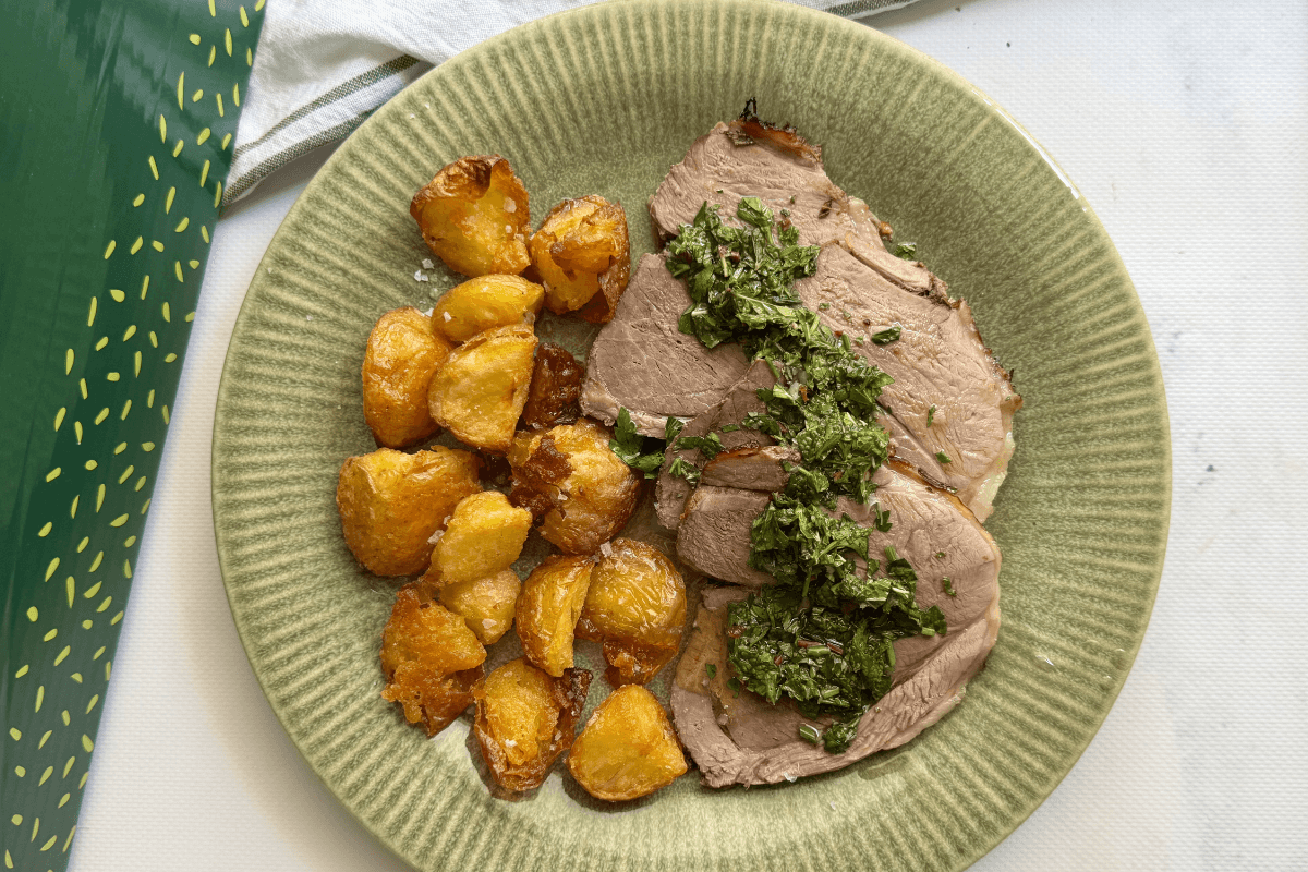 Roast Lamb Leg with Crispy Potatoes and Mint Chimichurri