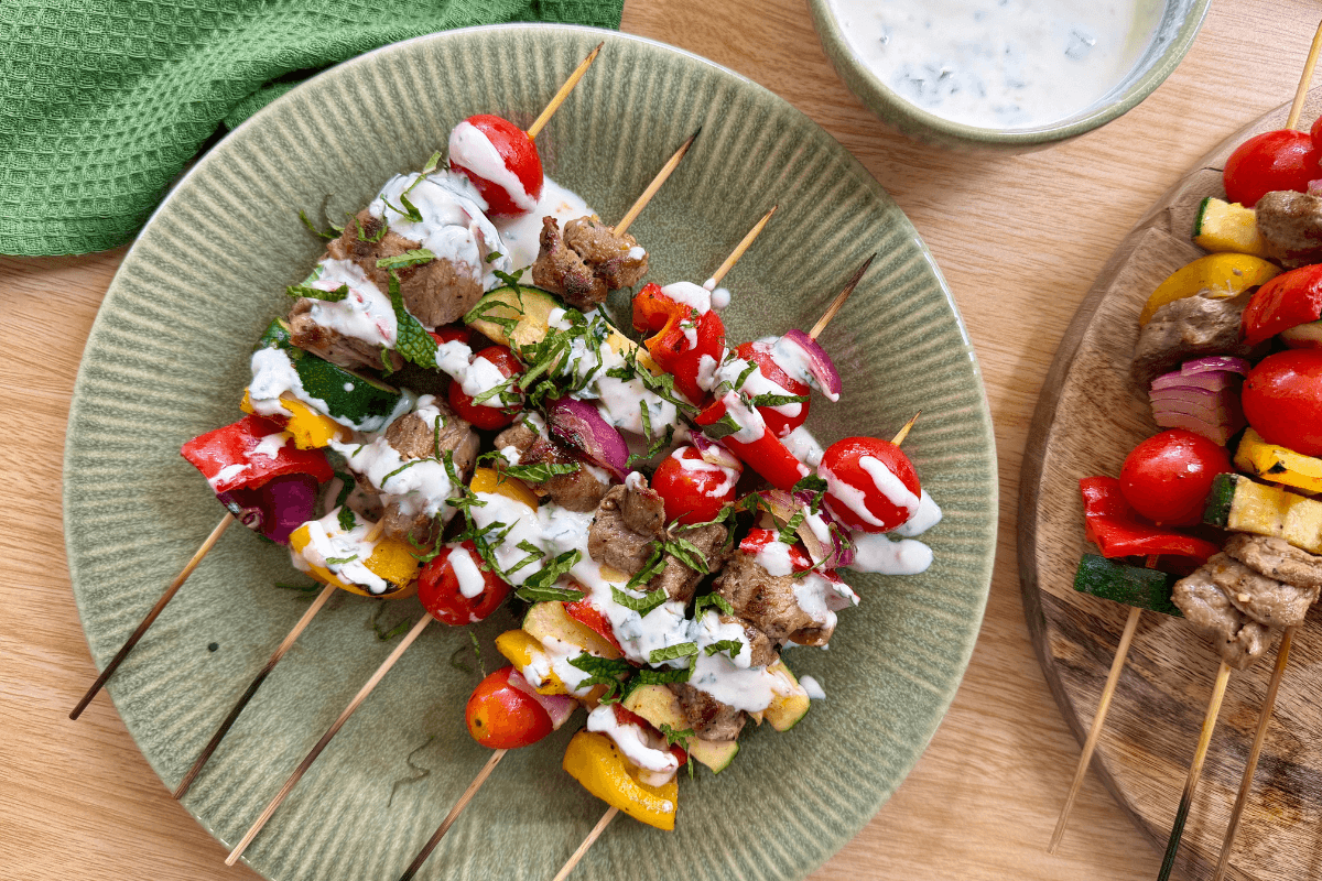 Lamb and Veggie Kebabs with Yoghurt Mint Sauce
