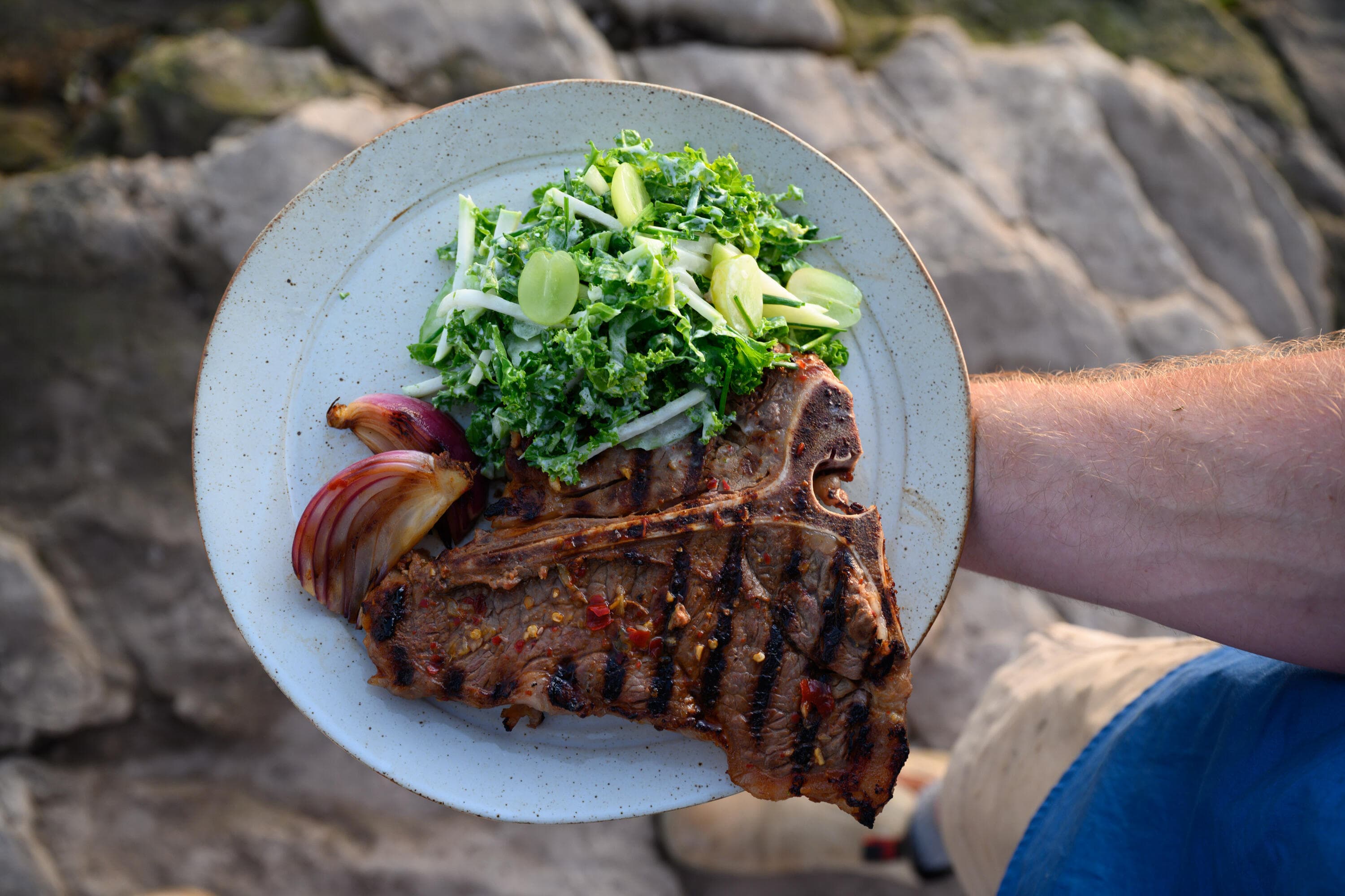 Hayden Quinn’s Mandarin & Chili Marinated T-Bone w/ Kohlrabi, Kale + Grape Salad