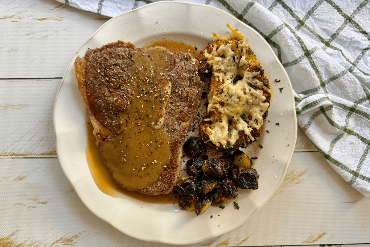 Y Bone Steak with Moroccan Cauliflower and Crispy Brussels Sprouts