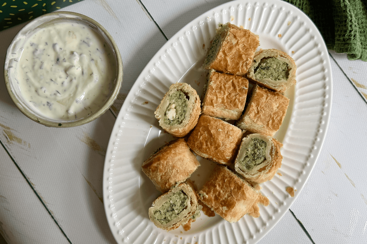 Spinach and Feta Rolls with Honey Herb Yoghurt Sauce