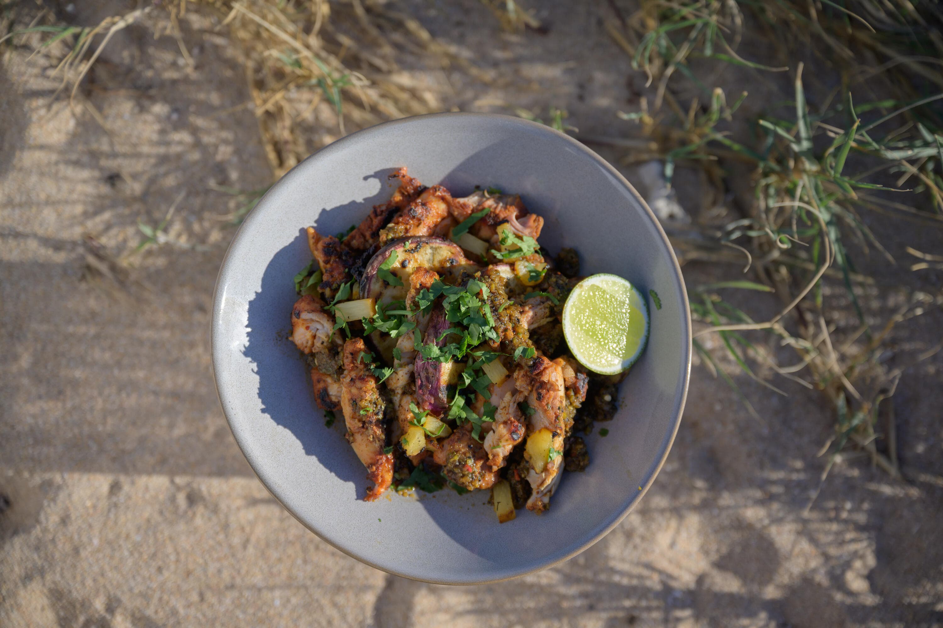 Hayden Quinn’s Grilled Chicken with Charred Pineapple Hot Sauce + Sweet Potato Rounds